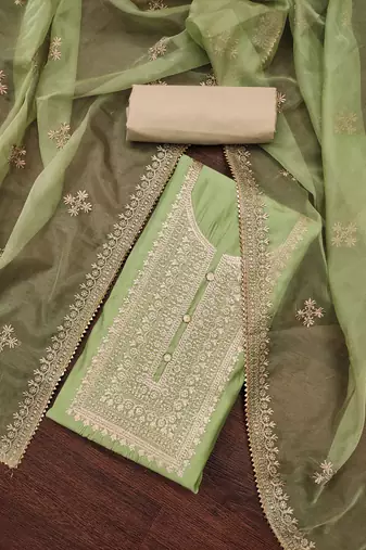 Manvaa women's light green heavy zari embroidery dupatta roman silk dress material
