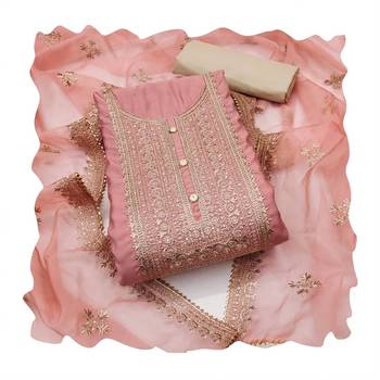 Manvaa women's peach heavy zari embroidery roman silk dress material 3
