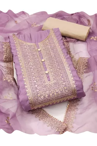 Manvaa women's purple heavy zari embroidery roman silk dress material