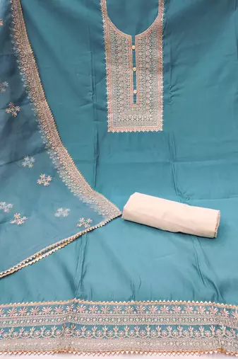 Manvaa women's sea green heavy zari embroidery roman silk dress material