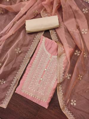 Manvaa women's peach heavy zari embroidery roman silk dress material 5
