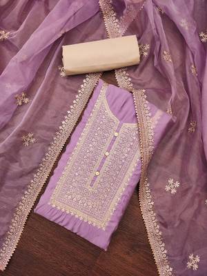 Manvaa women's purple heavy zari embroidery roman silk dress material 5