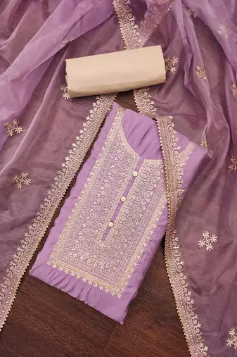Manvaa women's purple heavy zari embroidery roman silk dress material