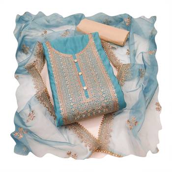 Manvaa women's sea green heavy zari embroidery roman silk dress material 3
