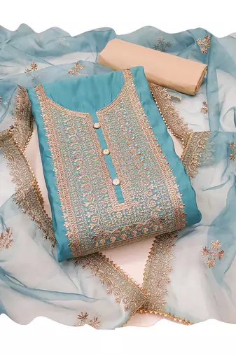 Manvaa women's sea green heavy zari embroidery roman silk dress material