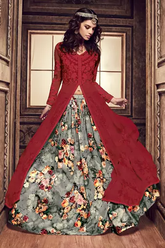 Maroon Embroidered Net Semi Stitched Anarkali Style Lehenga Suit Up To 42" Size