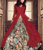 Maroon Embroidered Net Semi Stitched Anarkali Style Lehenga Suit Up To 42" Size