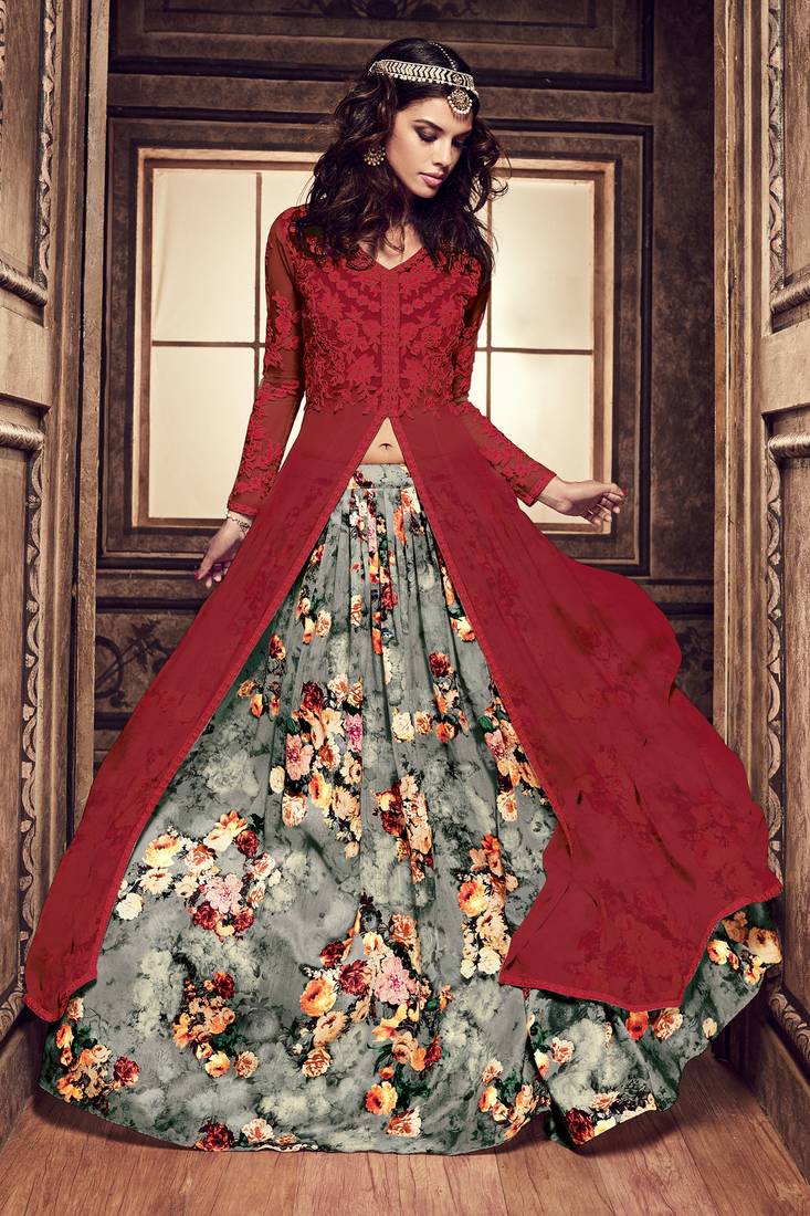 Maroon Embroidered Net Semi Stitched Anarkali Style Lehenga Suit Up To 42" Size