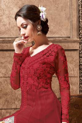 Maroon Embroidered Net Semi Stitched Anarkali Style Lehenga Suit Up To 42" Size 2