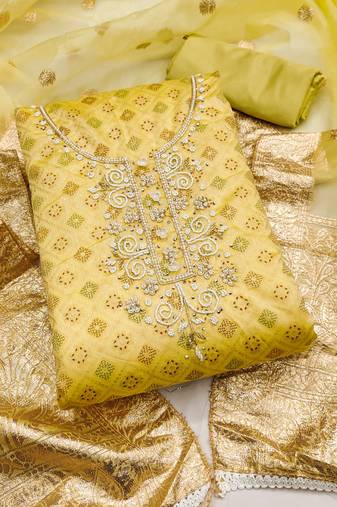 Manvaa women's light green unstitched designer print, handwork cotton dress material 
