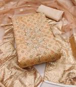 Manvaa women's beige unstitched designer print, handwork modal cotton dress material 