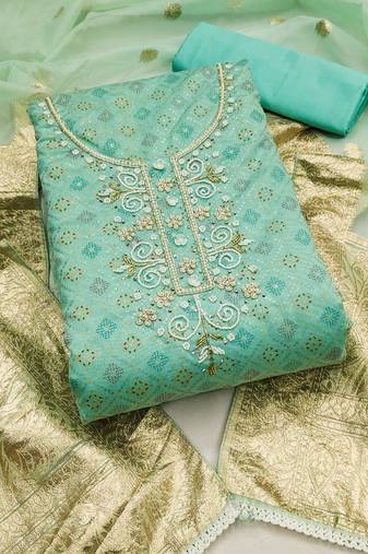 Manvaa women's sea green unstitched designer print, handwork and modal cotton dress material 