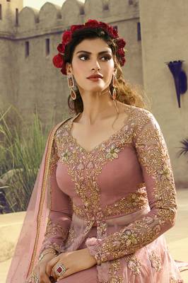 Dusty Pink Embroidered Net Semi Stitched Anarkali Style Lehenga Suit Up To 42" Size 2