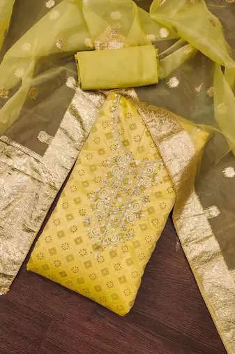Manvaa women's light green designer print, handwork cotton dress material