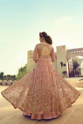 Dusty Pink Embroidered Net Semi Stitched Anarkali Style Lehenga Suit Up To 42" Size 3