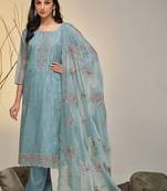 Blue Embroidered Organza  Straigjht Pant Suit Free size full stitched Up To 42" Size
