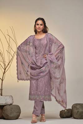 Mauve Embroidered Organza  Straigjht Pant Suit Free size full stitched Up To 42" Size 1