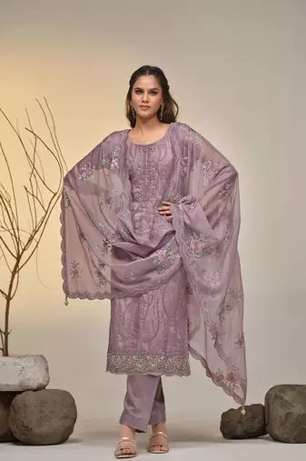 Mauve Embroidered Organza  Straigjht Pant Suit Free size full stitched Up To 42" Size