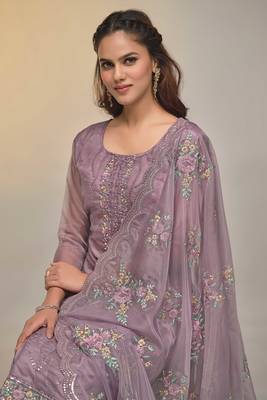 Mauve Embroidered Organza  Straigjht Pant Suit Free size full stitched Up To 42" Size 2
