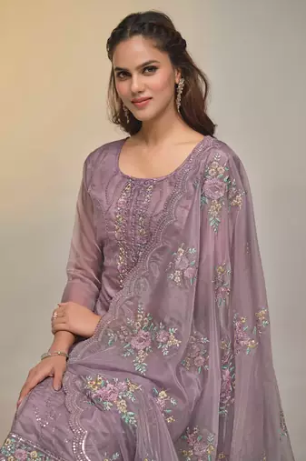 Mauve Embroidered Organza  Straigjht Pant Suit Free size full stitched Up To 42" Size