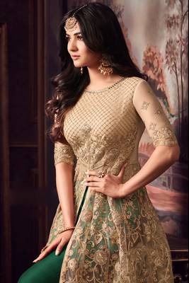 Beige And Green Embroidered Net  Anarkali Pant Suit Free size full stitched Up To 42" Size 2