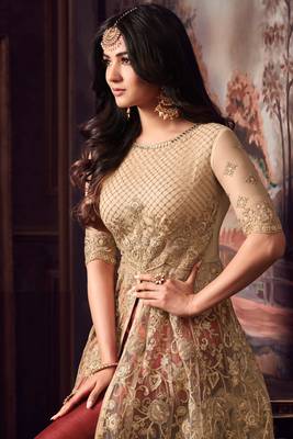Beige And Brown Embroidered Net Semi Stitched Anarkali Pant Suit Up To 42" Size 2