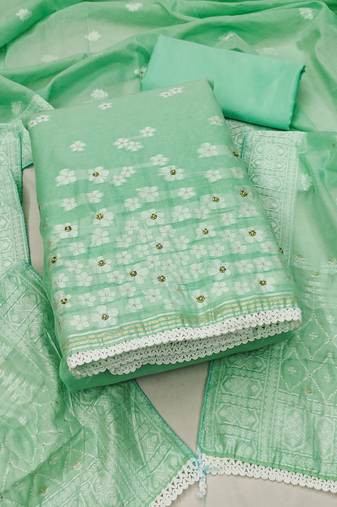 Manvaa women's green unstitched designer weaving, handwork and  banarasi cotton dress material 