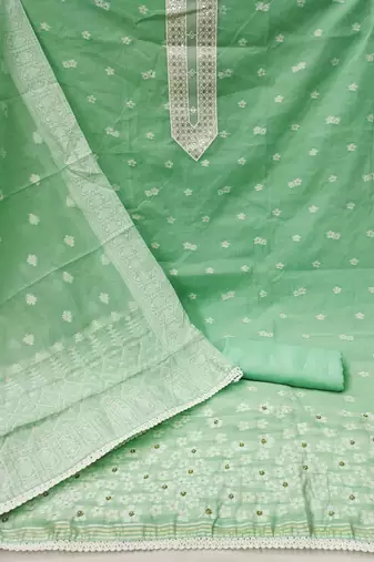 Manvaa women's green designer weaving, handwork and banarasi cotton dress material