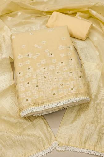 Manvaa women's beige unstitched designer weaving, handwork and banarasi cotton dress material 