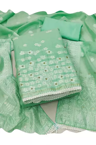 Manvaa women's green designer weaving, handwork and banarasi cotton dress material