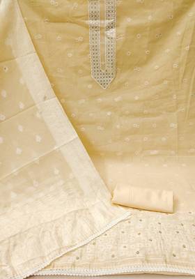 Manvaa women's beige designer weaving, handwork and banarasi cotton dress material 2