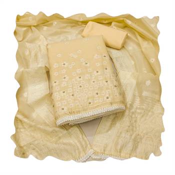 Manvaa women's beige designer weaving, handwork and banarasi cotton dress material 3