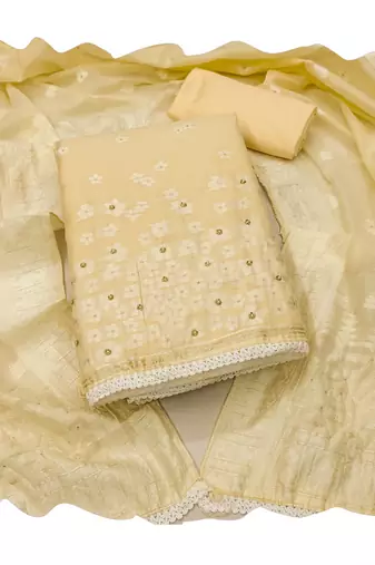 Manvaa women's beige designer weaving, handwork and banarasi cotton dress material
