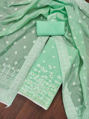 Manvaa women's green designer weaving, handwork and banarasi cotton dress material 4