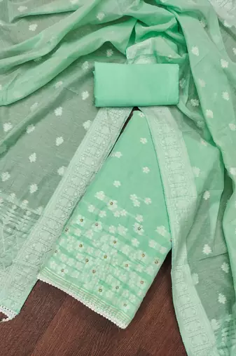 Manvaa women's green designer weaving, handwork and banarasi cotton dress material