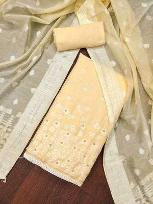 Manvaa women's beige designer weaving, handwork and banarasi cotton dress material 5