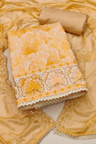 Manvaa women's beige unstitched heavy thread sequence embroidery maslin cotton dress material 