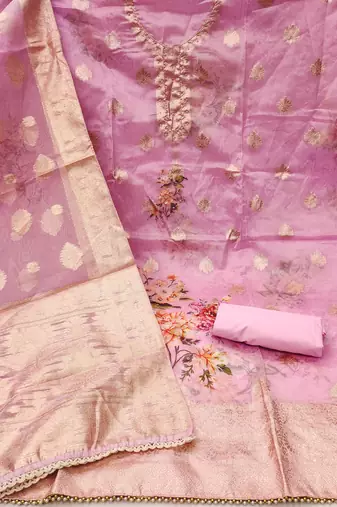 Manvaa women's pink designer weaving,digital print viscose organza dress material