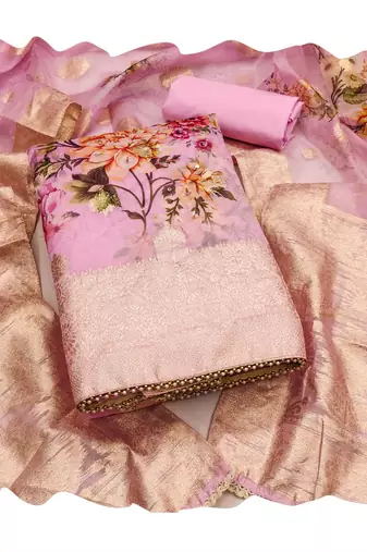 Manvaa women's pink designer weaving,digital print viscose organza dress material