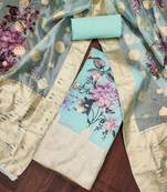 Manvaa women's sea green unstitched digital print handwork banarasi viscose organza dress material 