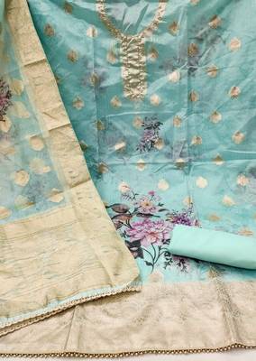 Manvaa women's sea green unstitched digital print handwork banarasi viscose organza dress material  2