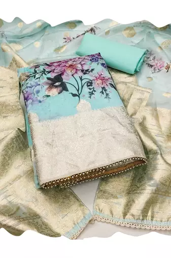 Manvaa women's sea green unstitched digital print handwork banarasi viscose organza dress material 