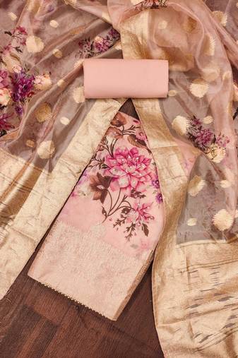 Manvaa women's peach unstitched designer weaving,digital print and viscose organza dress material 