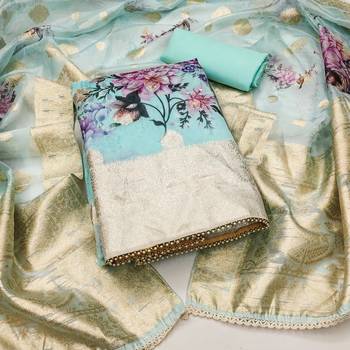 Manvaa women's sea green unstitched digital print handwork banarasi viscose organza dress material  5