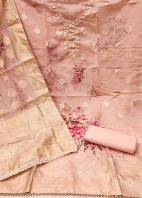 Manvaa women's peach designer weaving,digital print and viscose organza dress material 2