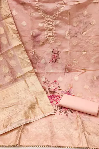 Manvaa women's peach designer weaving,digital print and viscose organza dress material