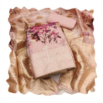 Manvaa women's peach designer weaving,digital print and viscose organza dress material 3