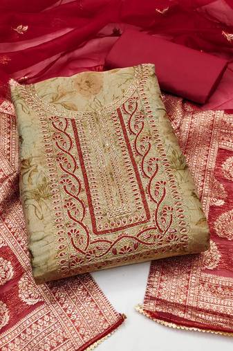 Manvaa women's beige unstitched fancy handwork viscose simmar dress material 