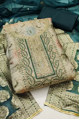 Manvaa women's beige fancy handwork and border with viscose simmar dress material