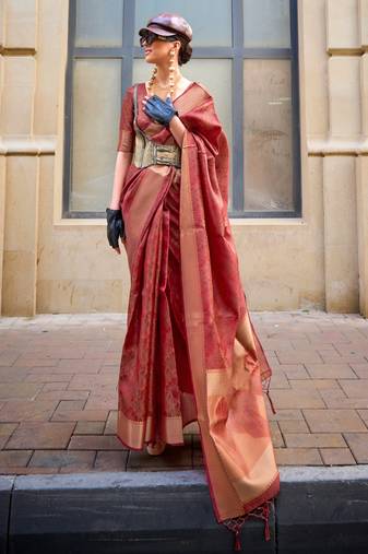 Maroon Two Tone Organza Handloom Jacquard Woven Saree With Blouse